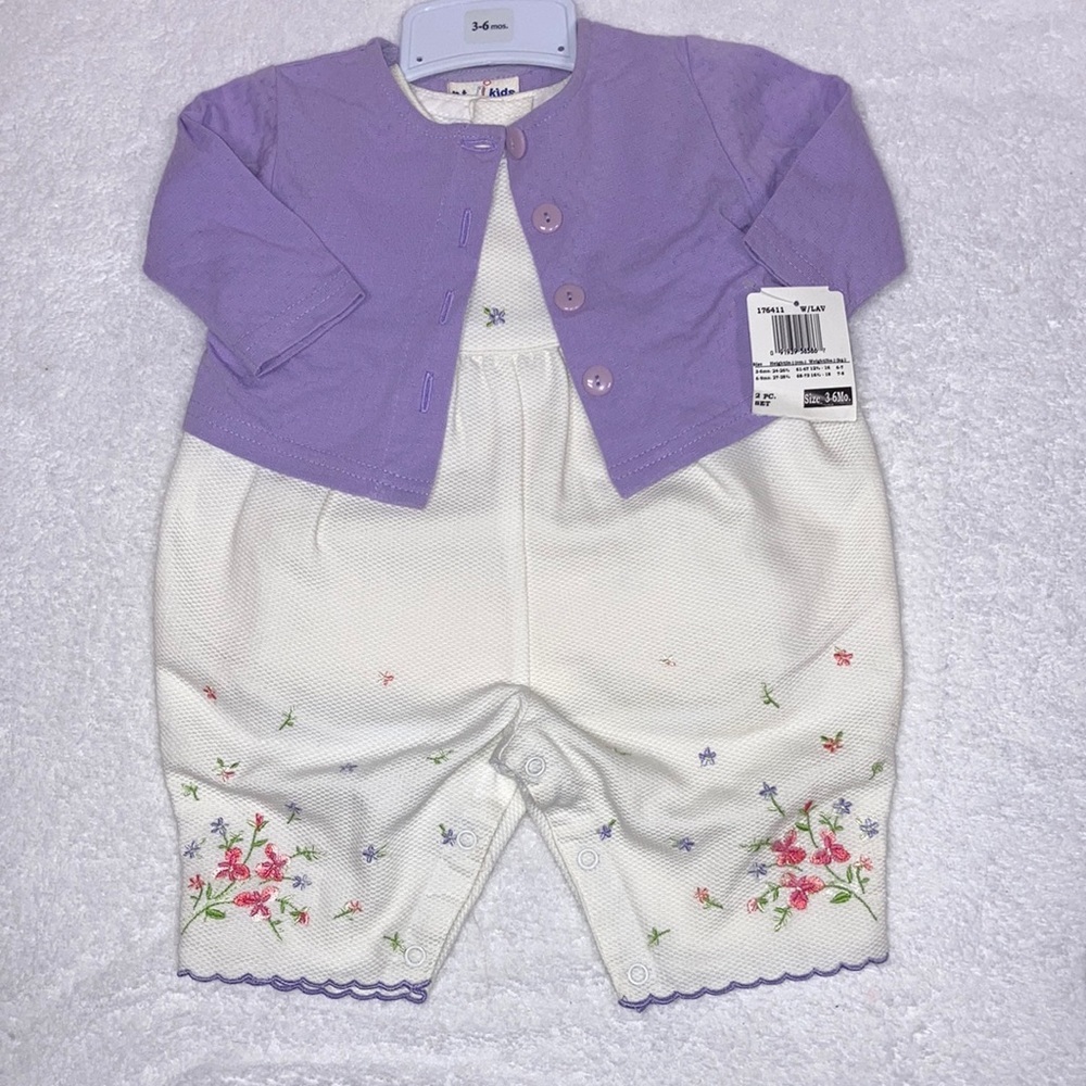 NWT vintage B.T.kids embroidered sleeveless overall romper and coverup 3/6m